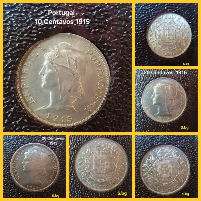 Portugal 3 Münzen 10 Centavos 1915 + 20 Centavos 1913 + 1916 Silber - look Fotos