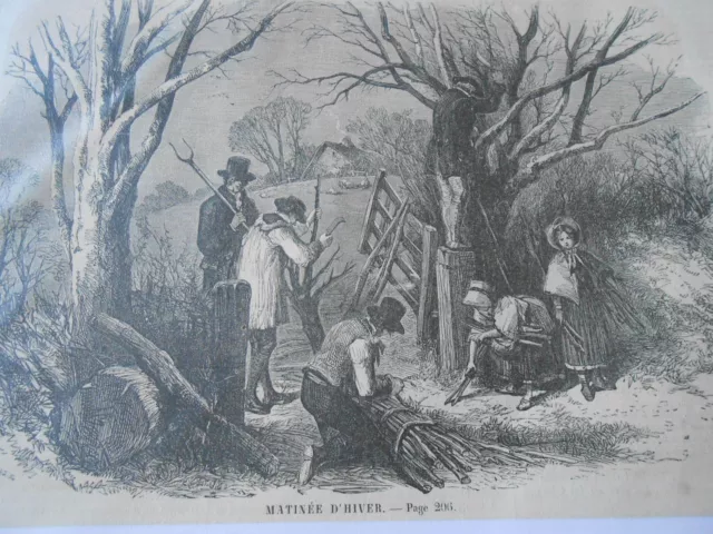Gravure 1858 - Matinée d'Hiver ramassage du bois