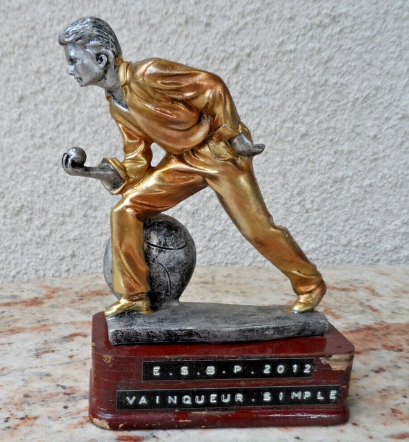 Trophée Pétanque Sur Socle Marbre - Statuette Argentée - Hauteur 12,5 Cm