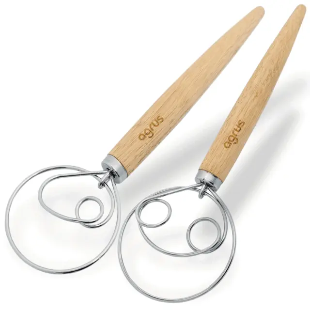 Danish Dough Whisk 1 plus 2 Ring Pack of 2 Pcs Wooden Handle Hand Mixer