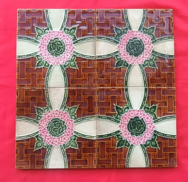 4 Piece Lot Old Art Flower Design Embossed Majolica Ceramic Tiles England 0200