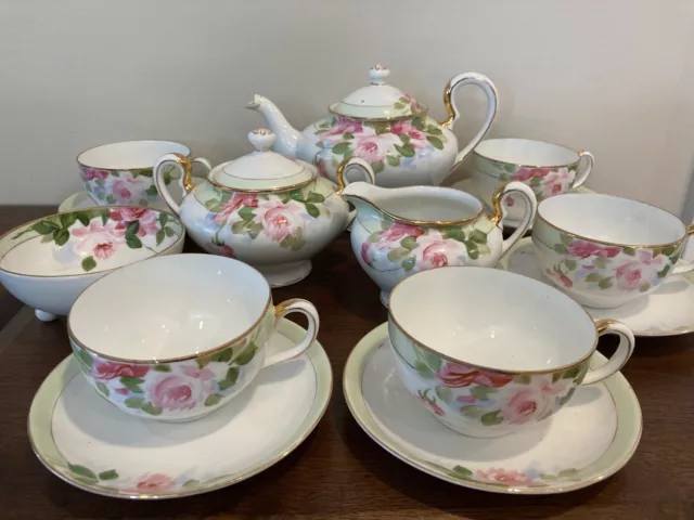 Nippon TEA SET Set 5 Cups Saucers Hand Painted Pink Roses Floral w/Gold Japan