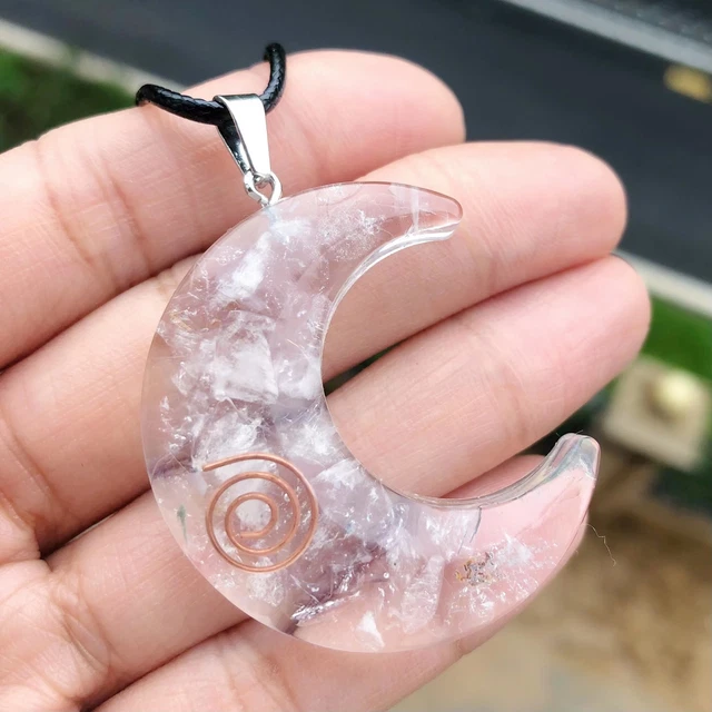 1pcs Rock Quartz Stone Orgonite Moon Necklace Energy Chakra Reiki Healing Amulet