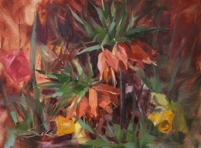 Fritillaries - Dipinto ad olio floreale originale Still Life Fiori unici...