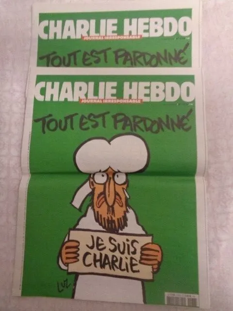 2xCharlie Hebdo Nr.1178,,Je suis Charlie"vom14.01.2015,mittig gefaltet,ungelesen