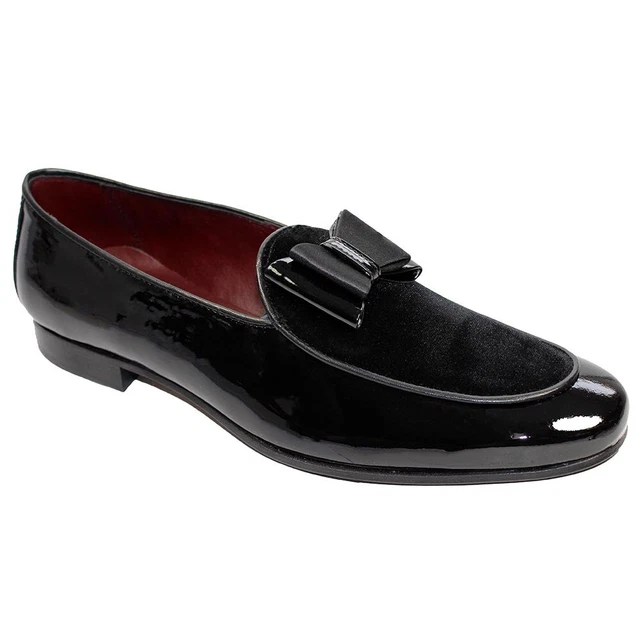 Duca Amalfi Cuir Verni Noir & Velours avec Soie Noeud Robe Chaussures (8.5)