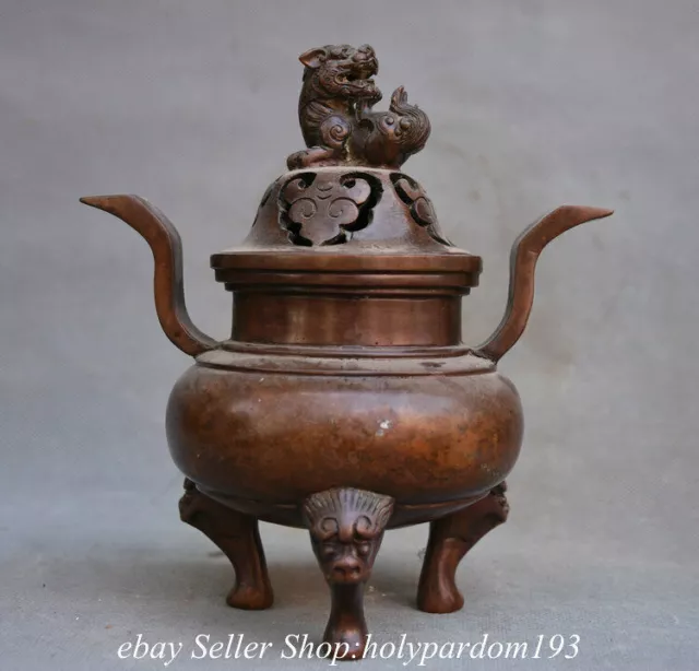 7.2" Marked Old Chinese Bronze Dynasty Lion Beast Lid incense burner Censer