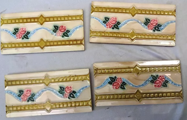 Antique Tile Majolica Japan Rose Design Strips Art Nouveau Porcelain 4 Pc Lot 2