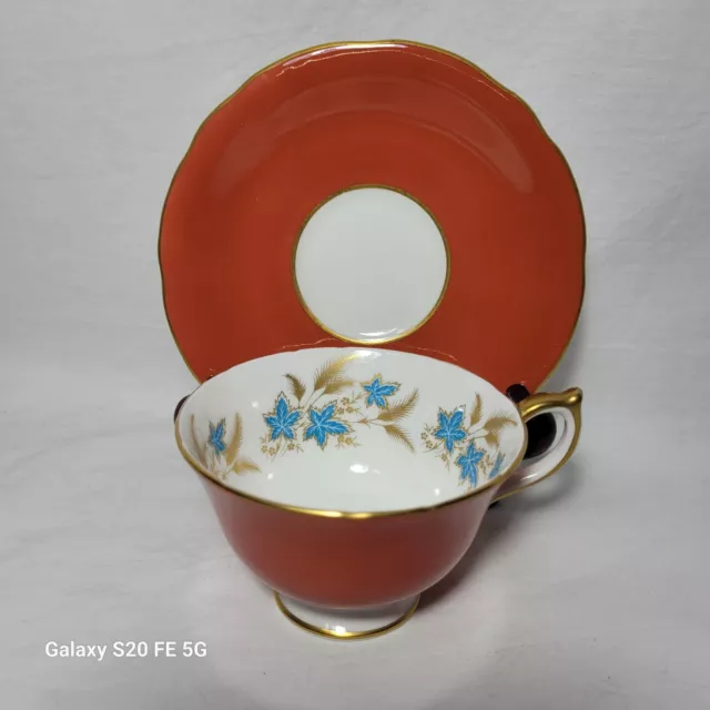 AYNSLEY Footed Teacup & Saucer Burnt Orange Blue Flower Design