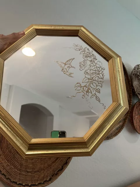 Octagon Glass Gold Vintage Antique Hummingbird Etched Mirror Wall Decor 13in