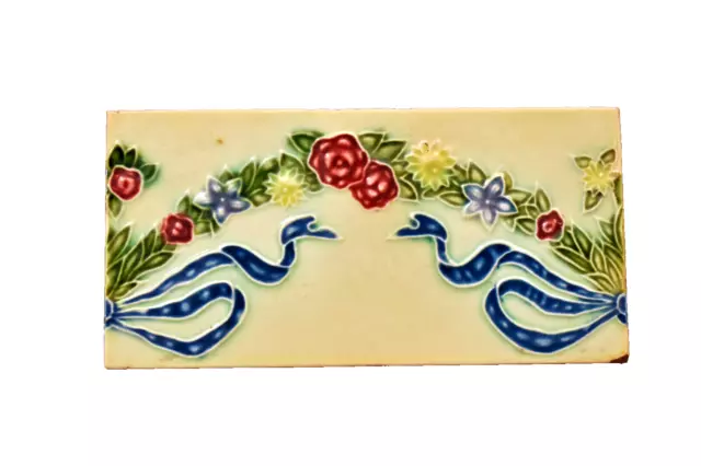 Antique Tile Japan Majolica DK Brand Art Nouveau Ceramic Garland Floral 1 Pc "S6