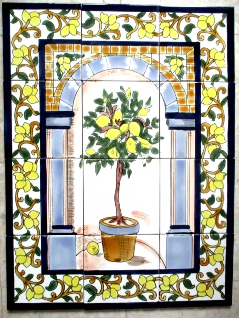 Hand Painted Ceramic tile art Mosaic wall mural Lemon Tree BACKSPLASH  18" x 24"
