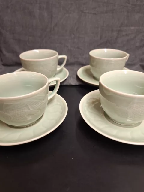 Vintage Longquan Chinese Celadon Goldfish Koi Fish Tea Cup And Saucers. Set Of 4