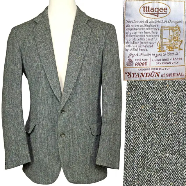 Vintage Magee Donegal Wool Tweed Sport Suit Coat Jacket Gray Herringbone 44 R