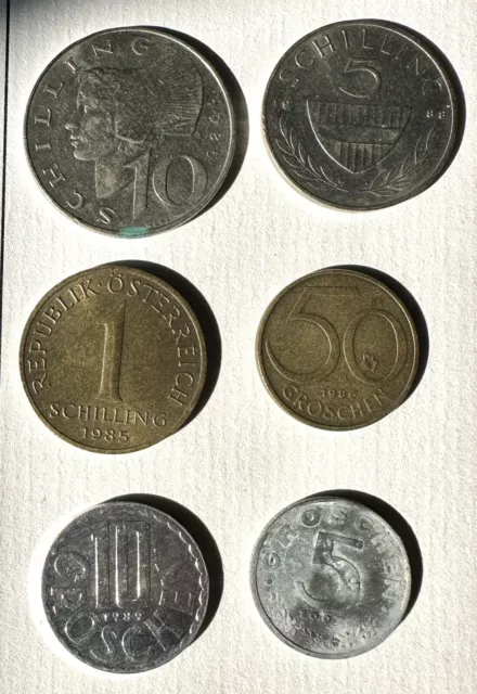 6 Austrian Coins (1985-1989 & 1967) 1 / 5 / 10 Schilling  & 5 / 10 / 50 Groschen