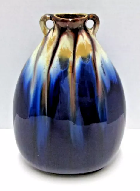 Vintage 1930s Belgium Art Pottery Ceramic 2-Handle Vase Blue & Brown Drip Glaze
