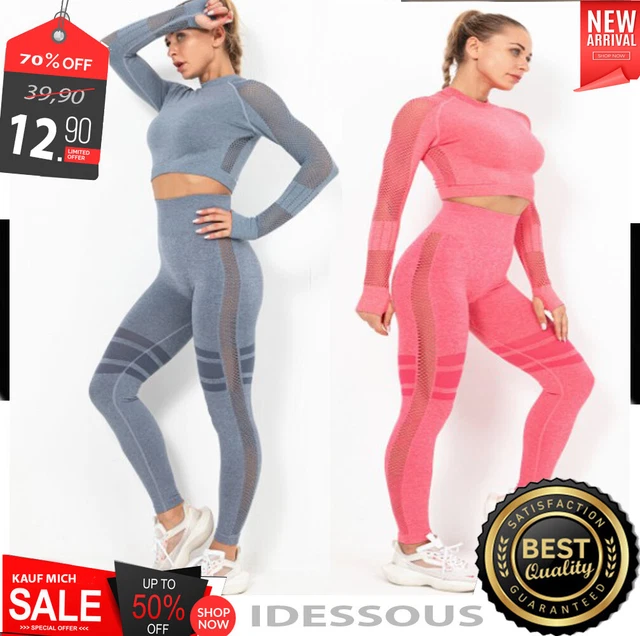 Set Sport Yoga Allenamento Tuta Leggins Fitness Senza Cuscinetti Leggings Donna Grigio Rosa