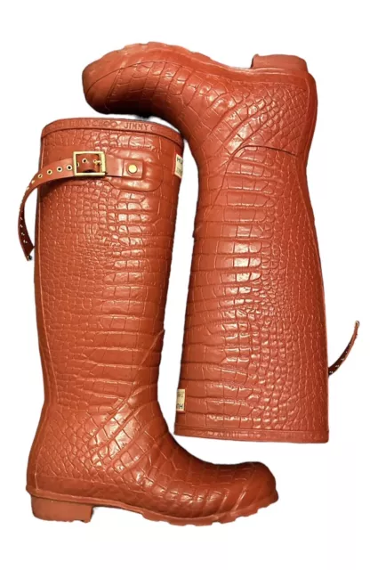 Hunter X Jimmy Choo Crocodile Embossed Tall Wellie Rain boots RED Sz 6 US /36EU 3