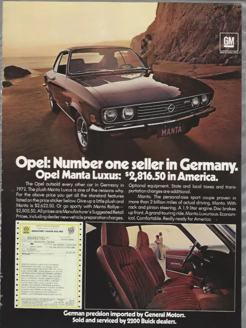 1973 OPEL MANTA advertisement, German car sold by GM, Manta Luxus