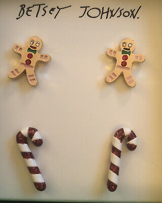 Betsey Johnson 2 Pair Stud Earrings Candy Cane & Gingerbread Man NIB