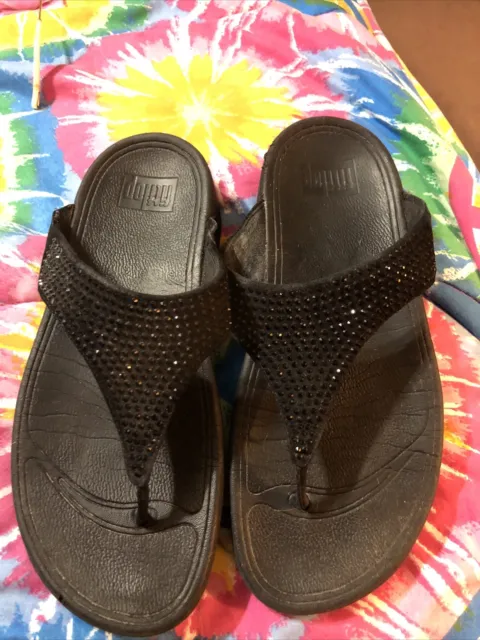 FitFlop Micro Wobble Board Womens Sz 7 Shoes Black Flip Flop Rhinestones Thongs