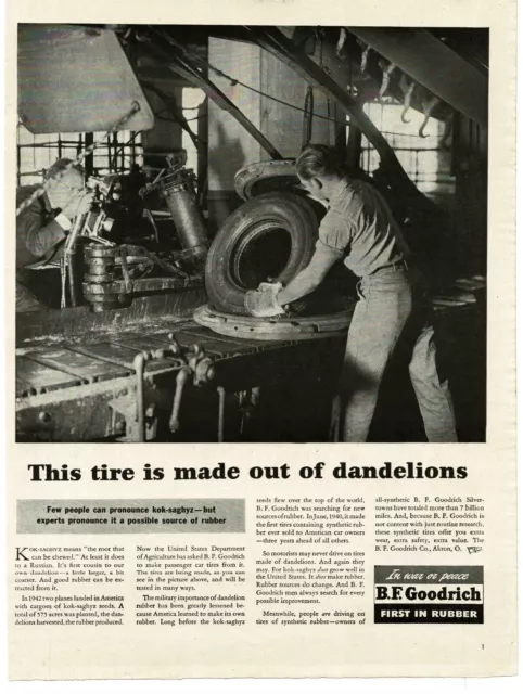 1944 B.F. Goodrich Tires Mold Tire made from Dandelions Vintage Print Ad