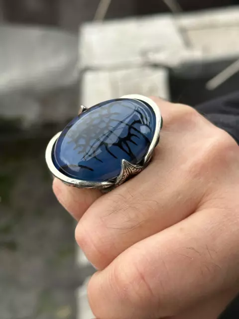 Blue Agate Ring  Silver Large Yemen Agate Gemstone Ring, Men Sterling Silver