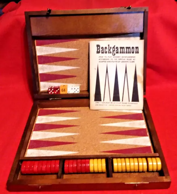 Vintage Mini Travel Backgammon Game, Magnetic Bakelite Discs, Wood Case, Drueke
