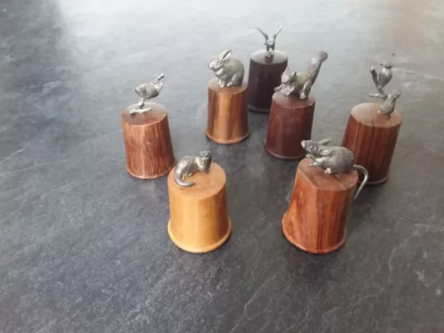 Collection of 7 Wooden Thimbles with Metal Animals