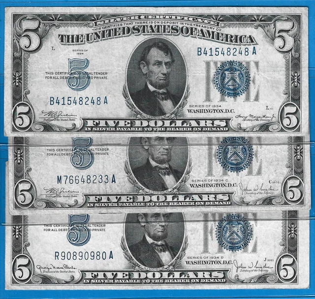 1934/34C/34D $5 Silver Certificate,3) Notes,Blue Seal,Circ VF,Nice!