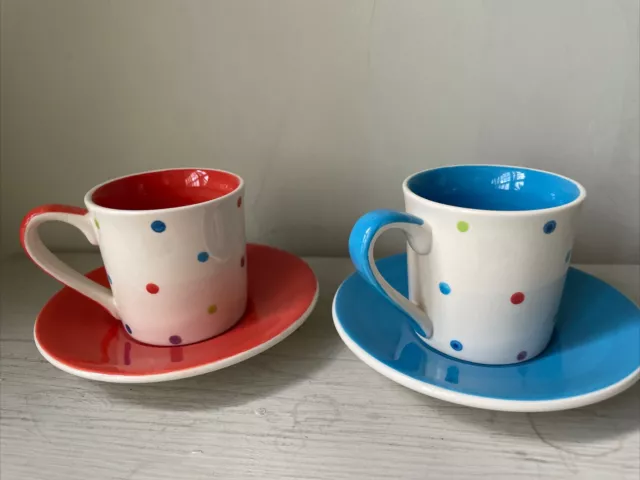 2 Whittard Of Chelses Expresso Cups & Saucers 1 Blue 1 Red With Spotted Design