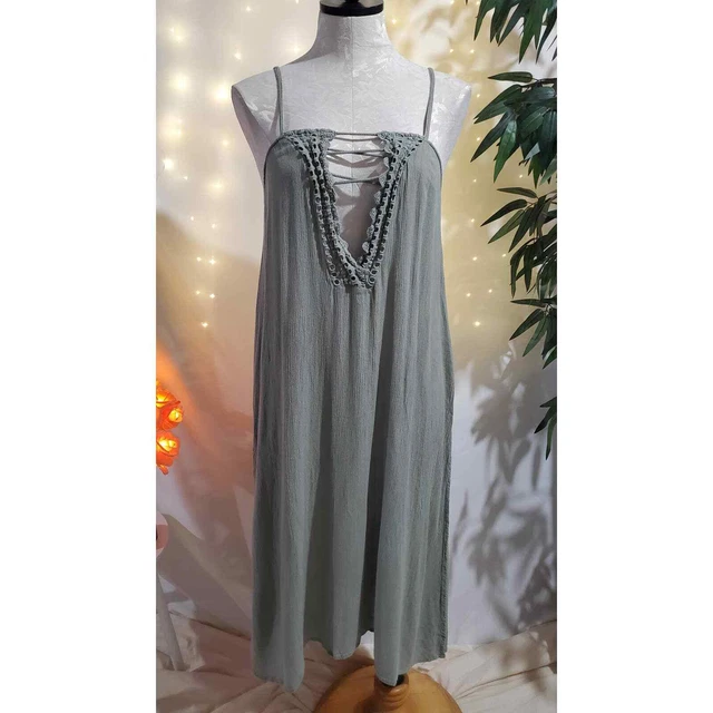 O'Neill Sage Green Lace Up Crochet Gauzy Side Slit Maxi Dress Womens Size S