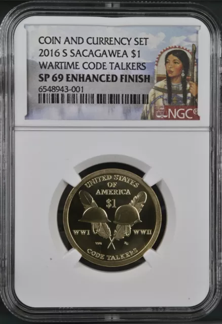 2016 S Sacagawea $1 Dollar Wartime Code Talkers Coin, NGC SP69 Enhanced Finish