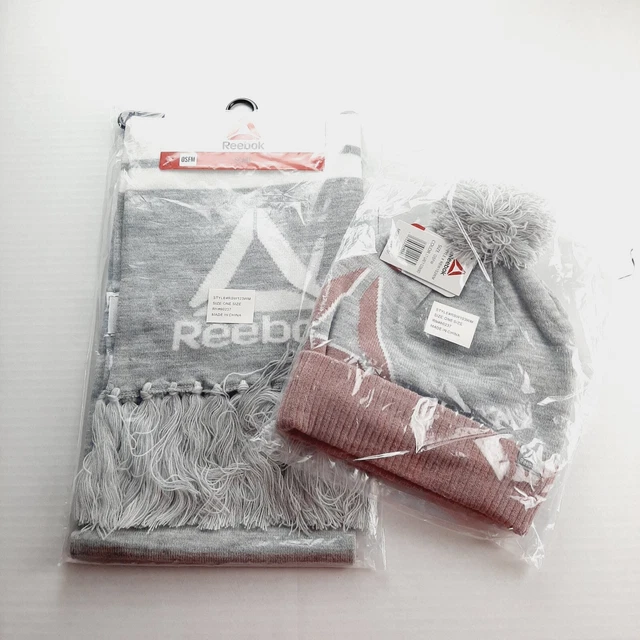 Reebok Womens Hat and Scarf Set One Size Gray White Pink Knit Fringe