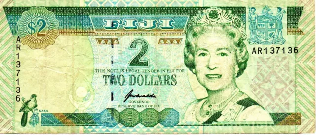 1996 Fiji 2 Dollar Bank Note P 96 Queen Elizabeth II as pictured AR137136