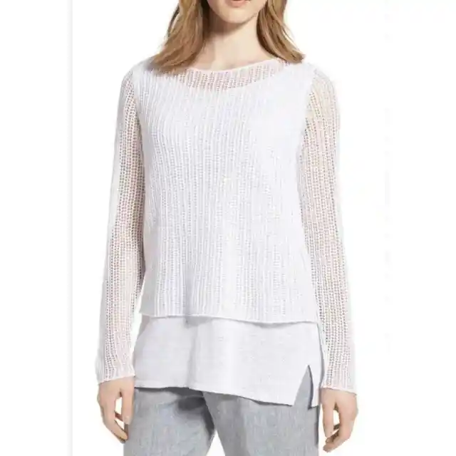 EILEEN FISHER White Organic Linen Knit Mesh Overlay Tiered Layered Sweater Top S