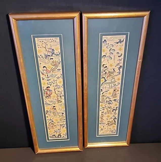 Vintage Pair of Framed Chinese/Asian Silk Hand Embroidery Panels Gold Stitching