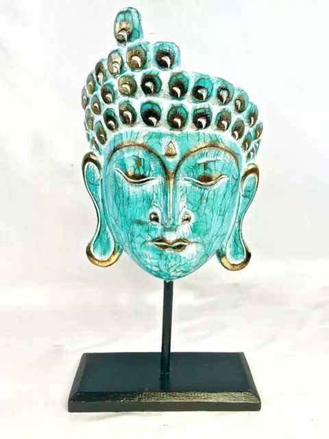 Serene Buddha Mask Sculpture washed Teal Hand Carved Wood Bali Art Decor