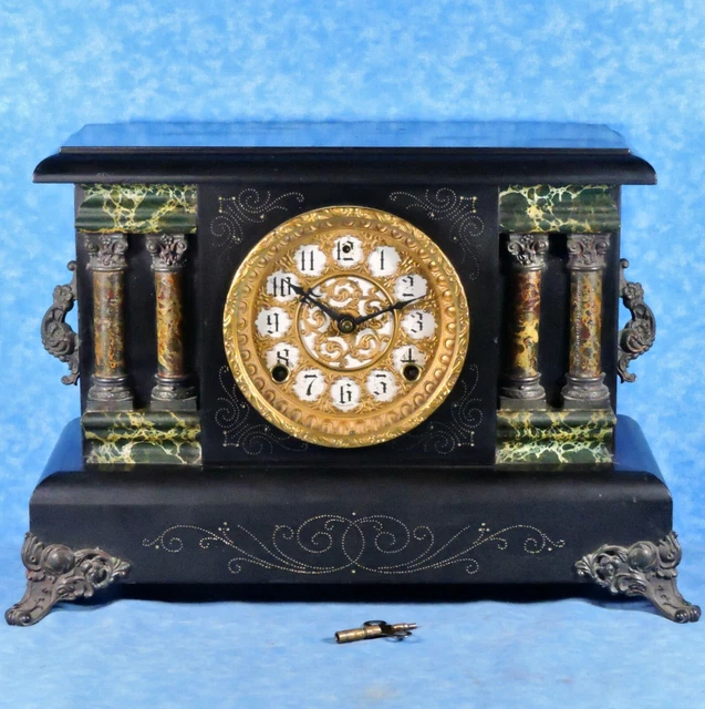 SESSIONS Black Enamel Mantel Clock- 8 Day Gong Chime & Bell- c.1910- Works Great