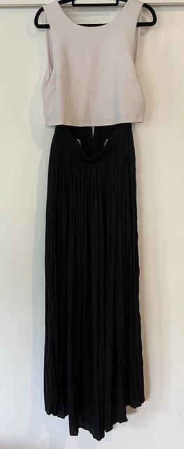 WITCHERY WHITE TOP/OPEN Front Black PLEATED Sateen Maxi Dress SZ
