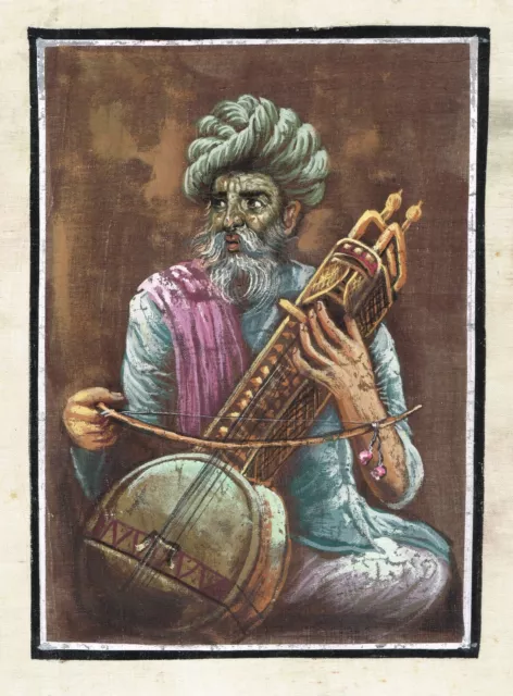 Main Indien Peinture Miniature De Vieux Musicien Homme Vintage Art Sur Soie