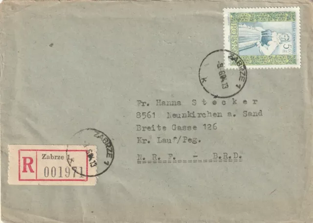 Polen, R-Brief ab Zabrze 1964  (früher Hindenburg i. Oberschlesien)