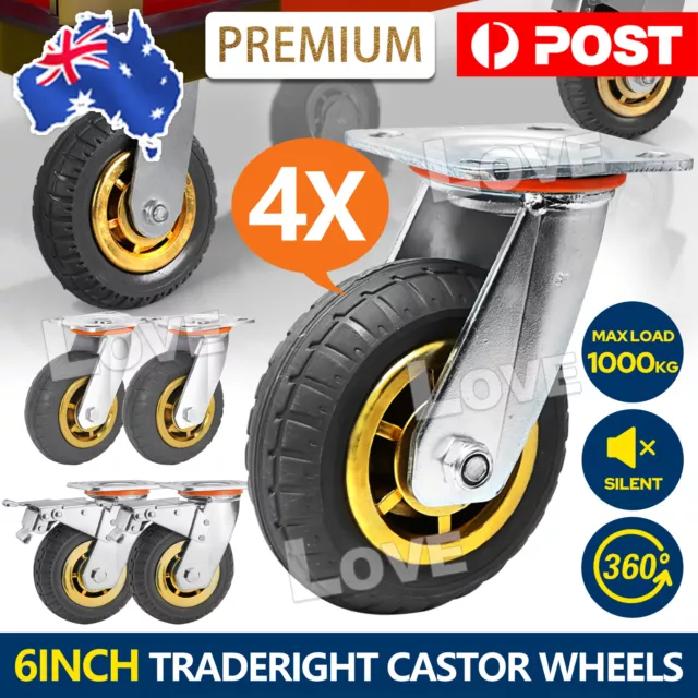 Traderight Castor Wheels 4X 6" 150mm Swivel Silent Caster 2 Brakes 1000KG Load