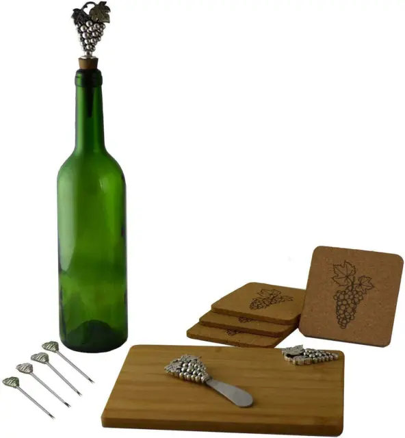 (D) Wooden Cheese Board with Silver Picks, Stopper, Knife, Coasters 11pc 'Grape'