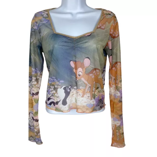 Disney Bambi Top Women Medium Y2K 90s Sheer Mesh Long Sleeve Crop Shirt Blouse