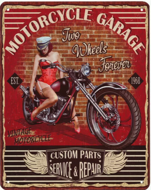 Blechschild "Motorcycle Garage" Reparatur Werkstatt Motorbike PinUp 25x20cm Neu