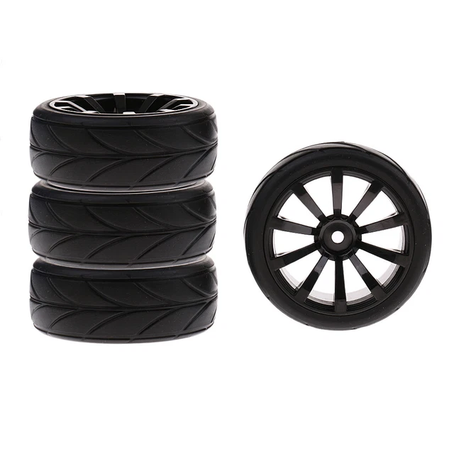 Pneus de roue RC en caoutchouc - Roues en plastique - Avec aileron de moyeu pour voiture de sport plate 1/10 (noir