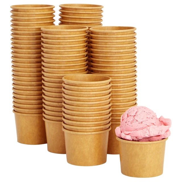 100 PACK PAPER Ice Cream Sundae Cups, Disposable Frozen Dessert Bowls