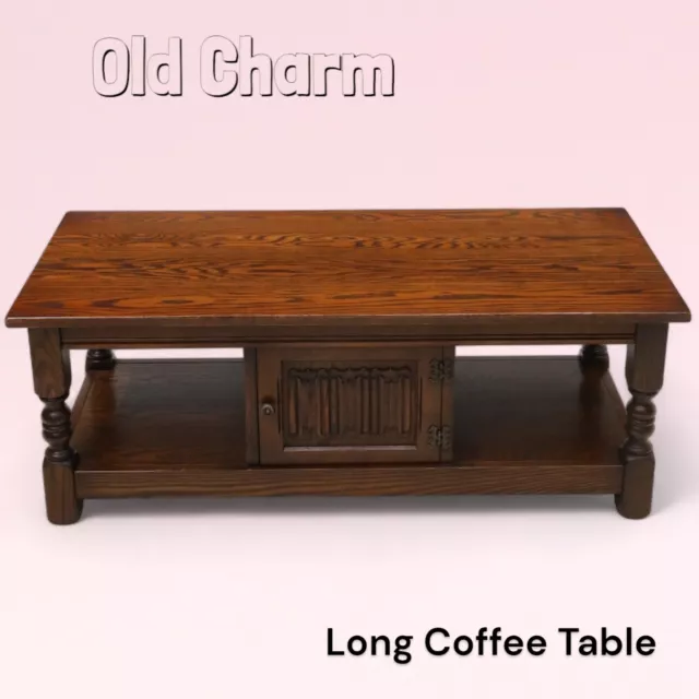 Old Charm Long Coffee Table With Cupboard Tudor Brown FREE UK Delivery