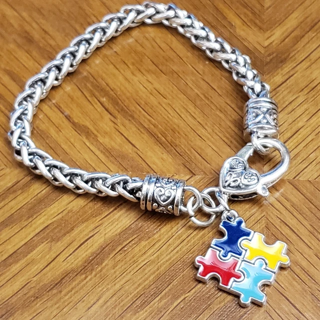 Enameled Autism Awareness Puzzle 8" Bangle Charm Bracelet Chunky Silver Tone